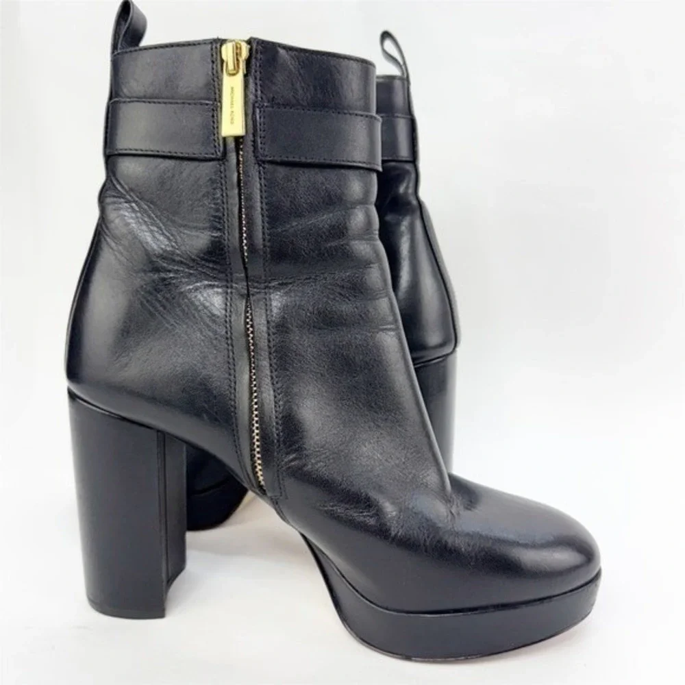 Michael Kors Black Leather Platform Ankle Boots Gold MK Logo Buckle Block Heel